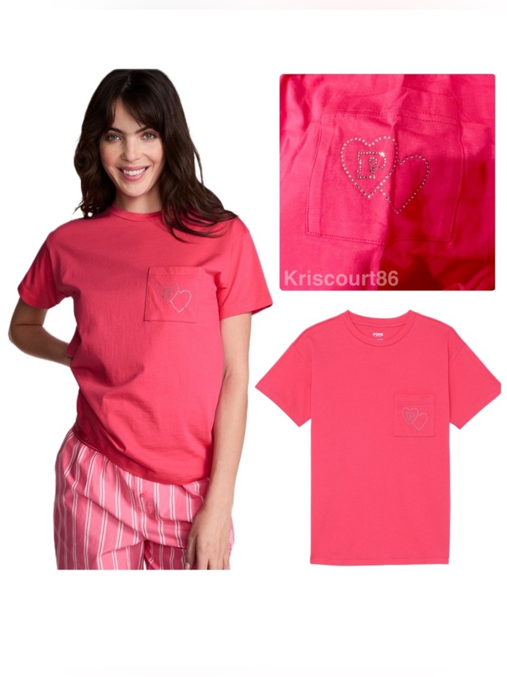 VS PINK Rhinestone Double Hearts Cotton Tee XL NEW WITH TAGS